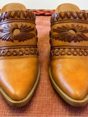 Style & Co. Brown Leather Slip-On Mules with Braided Floral Detail